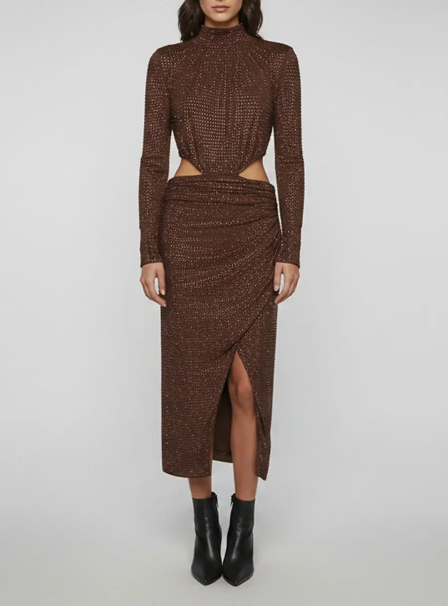Self-Portrait Brown Embellished Jersey Cut-Out Hot Fix Midi Dress M