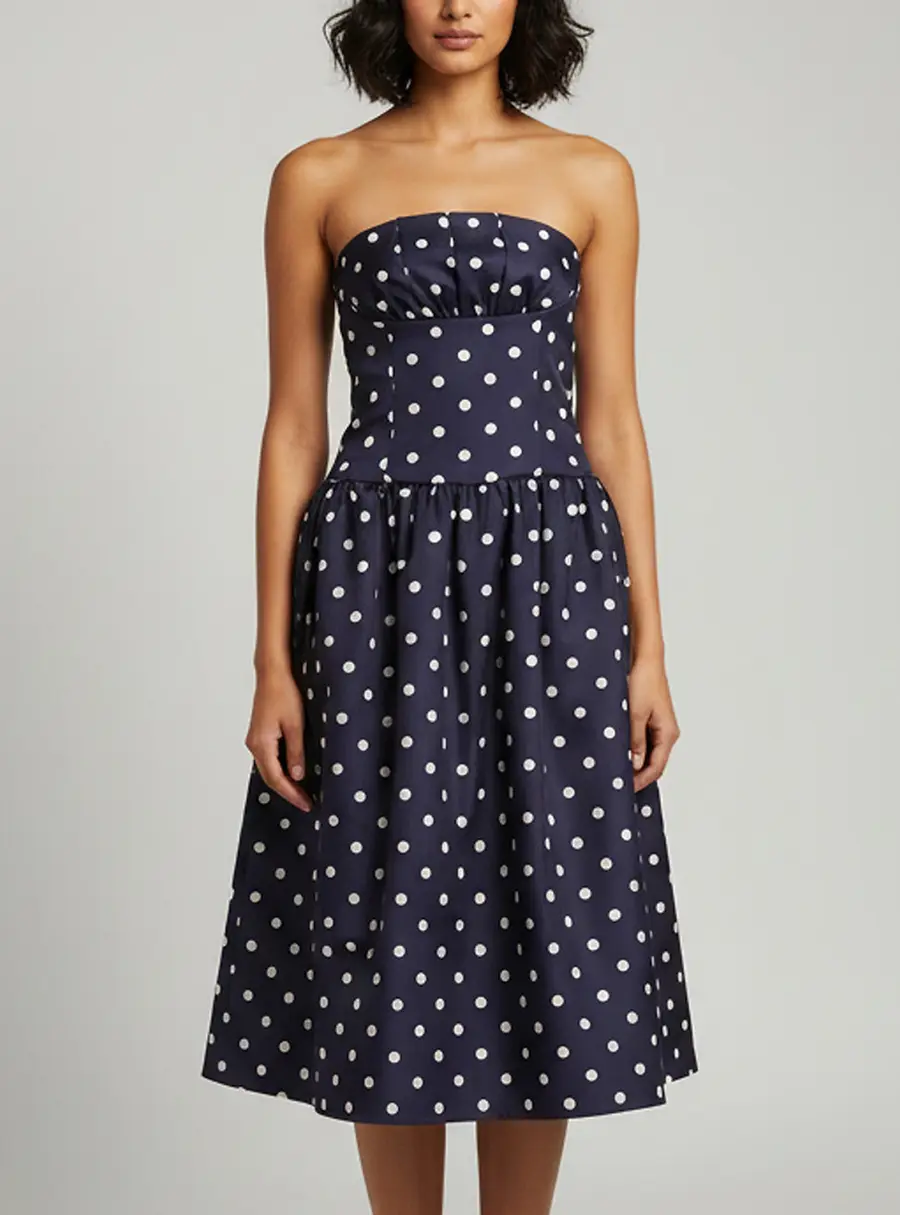 Self-Portrait Navy Blue Polka Dot Print Satin Bandeau Midi Dress S