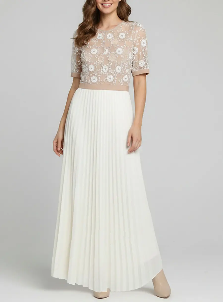 Self-Portrait White/Beige Flower Sequin Pleated Maxi Dress M