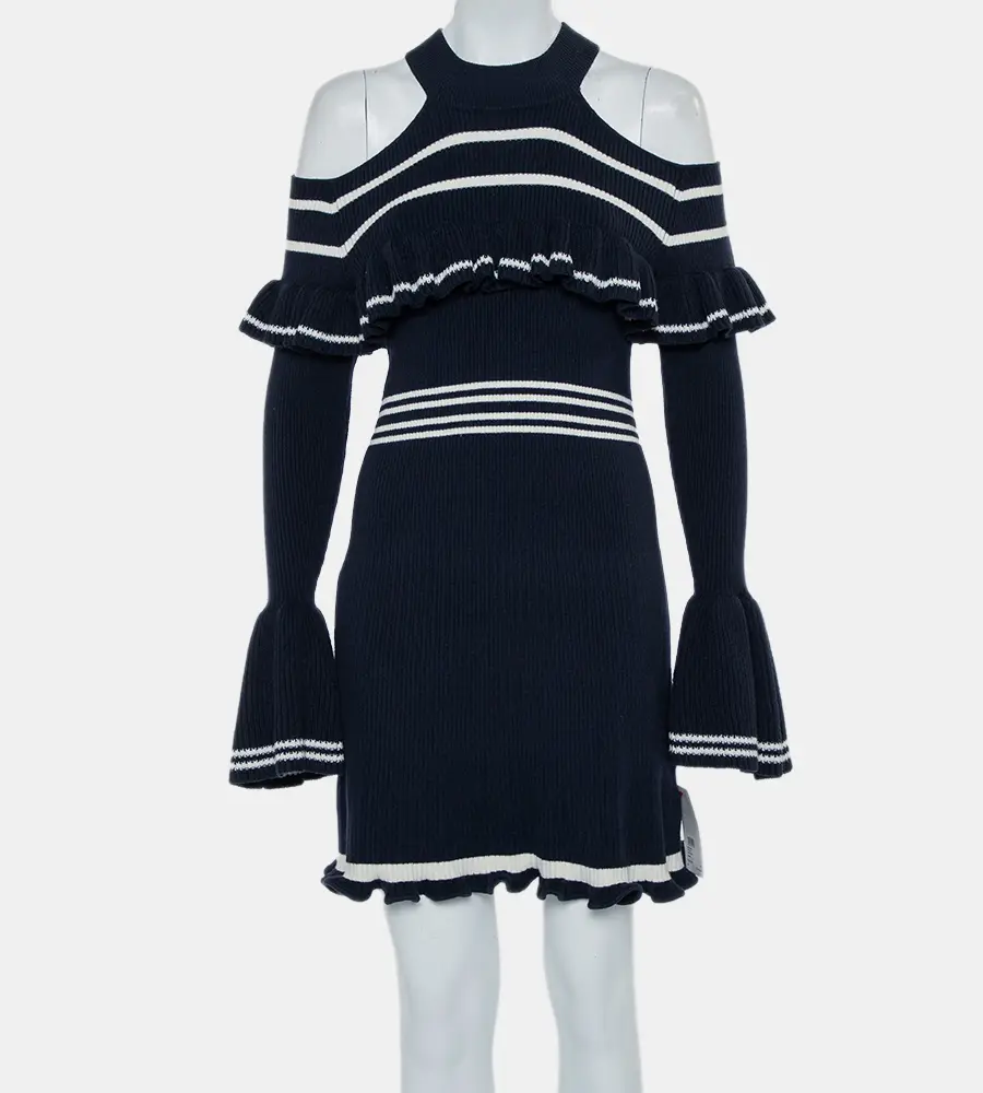 Self-Portrait Navy Blue Rib Knit Ruffled Cold Shoulder Dress M