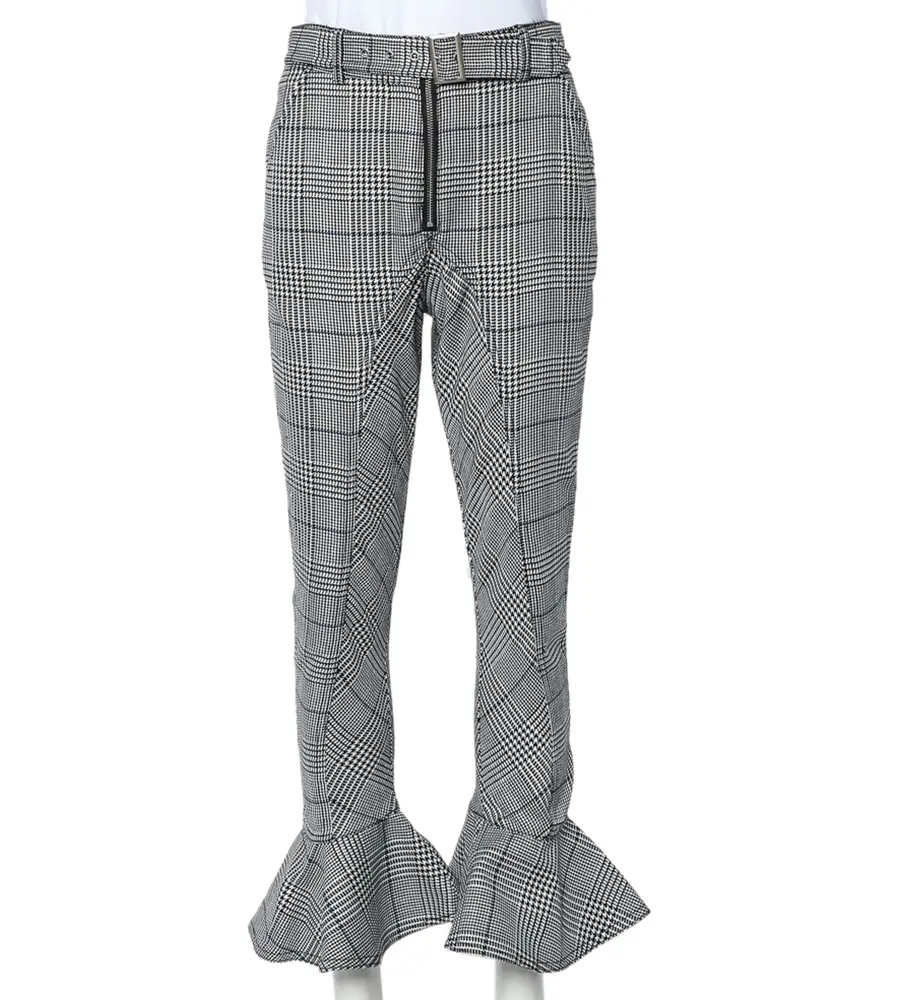 Self Portrait Monochrome Checkered Ruffled Hem Belted Cropped Pants S