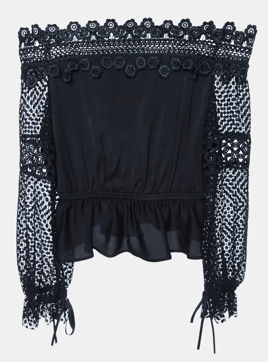 Self-Portrait Black Crepe & Lace Off-Shoulder Top S