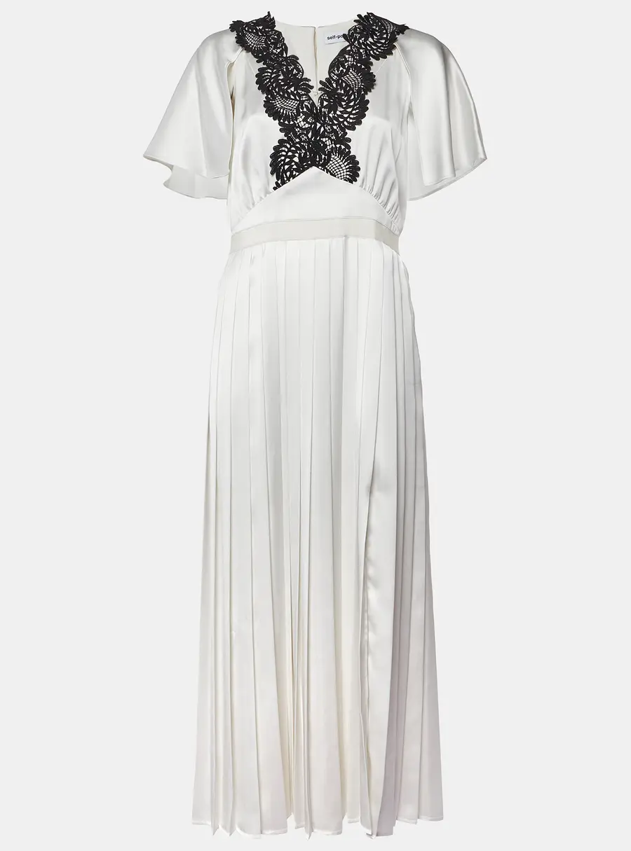 Self-Portrait White Lace Trim Satin Pleated Maxi Dress M