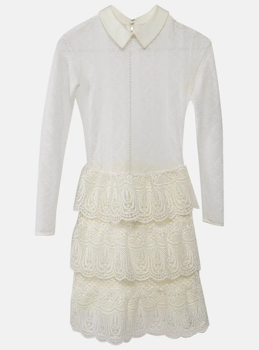 Self-Portrait White Lace Ruffled Full Sleeve Mini Dress S
