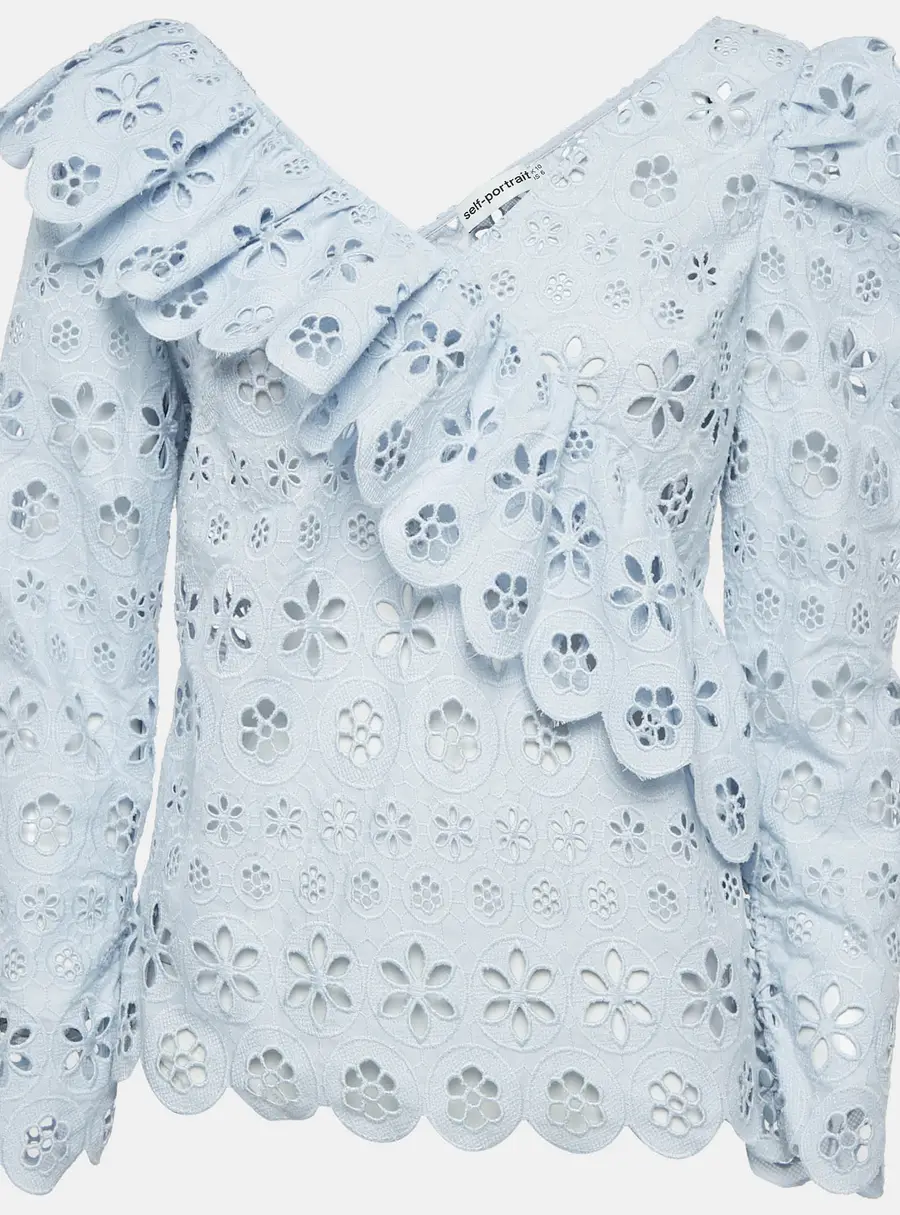 Self-Portrait Blue Schiffli Lace Ruffled Broderie Anglaise Top M