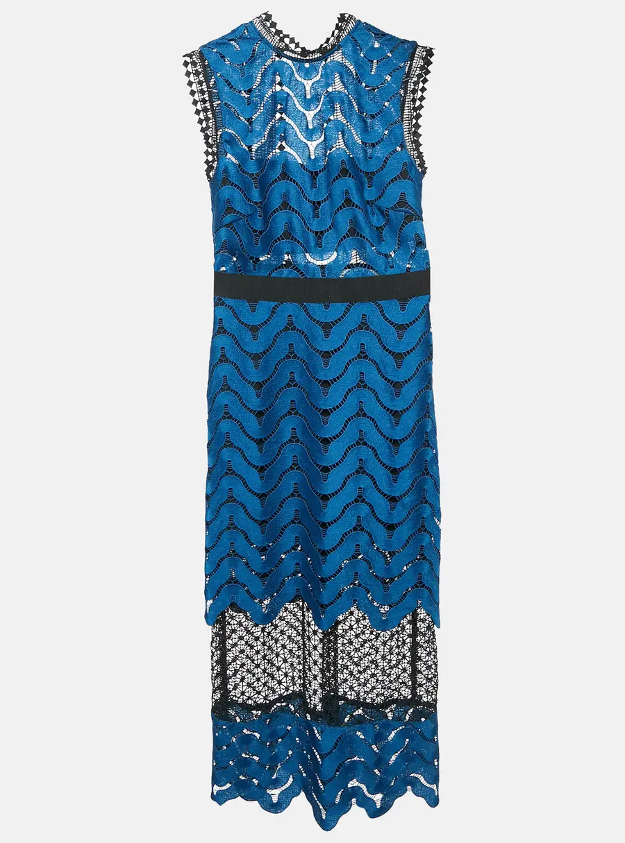 Self-Portrait Blue/Black Guipure Lace Paneled Midi Dress S
