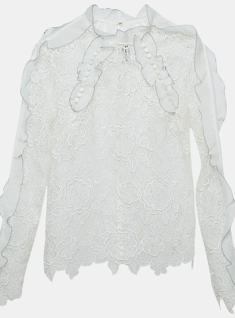 Self-Portrait White Floral Guipure Lace Ruffled Full Sleeve Top M