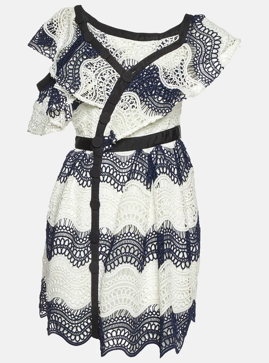 Self-Portrait Navy Blue Wavy Guipure Lace Mini Dress S