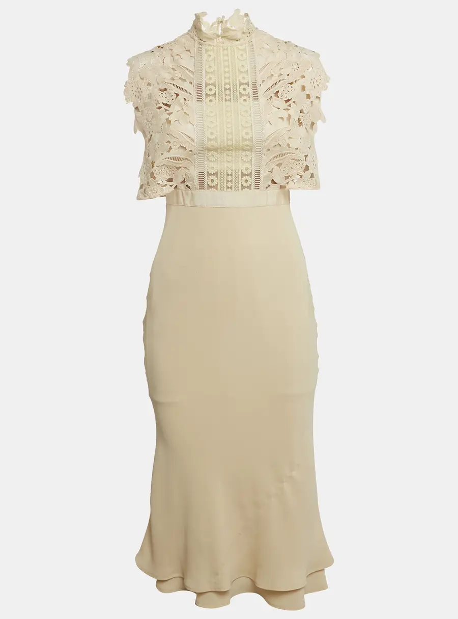 Self-Portrait Beige Lace Trim Crepe Midi Dress S