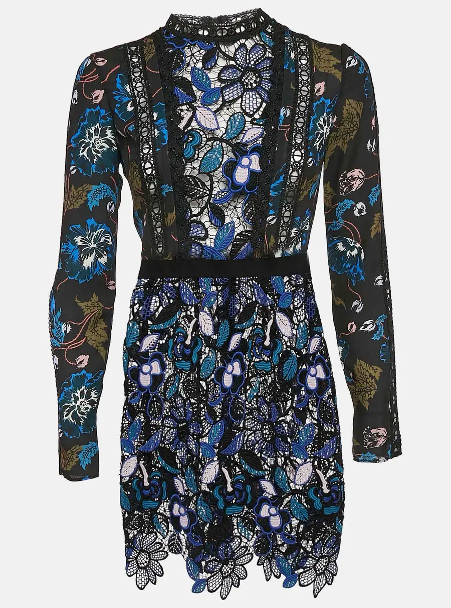 Self-Portrait Blue/Black Floral Print chiffon and Lace Short Dress S