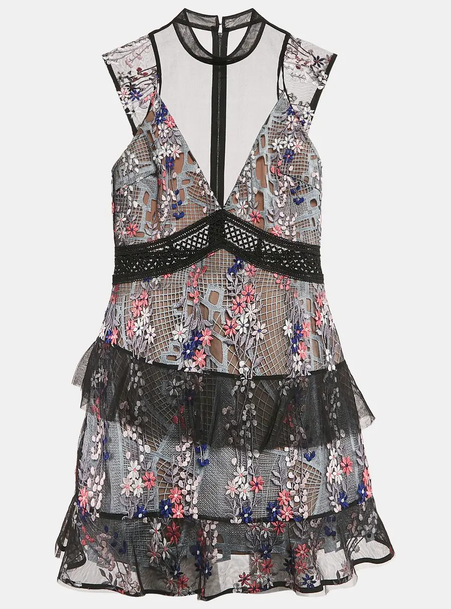 Self-Portrait Black Floral Embroidered Tulle Tiered Mini Dress M