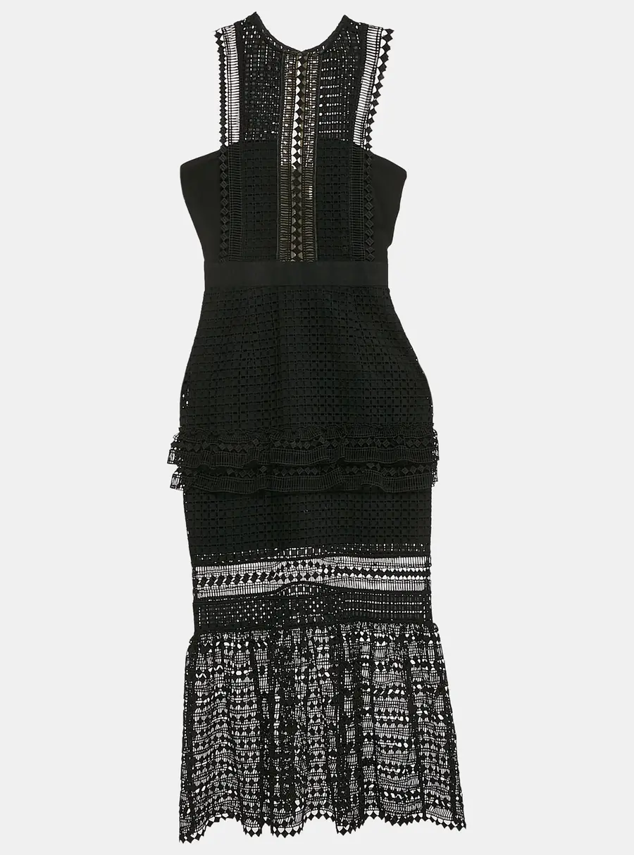 Self-Portrait Black Guipure Lace Tiered Midi Dress XS