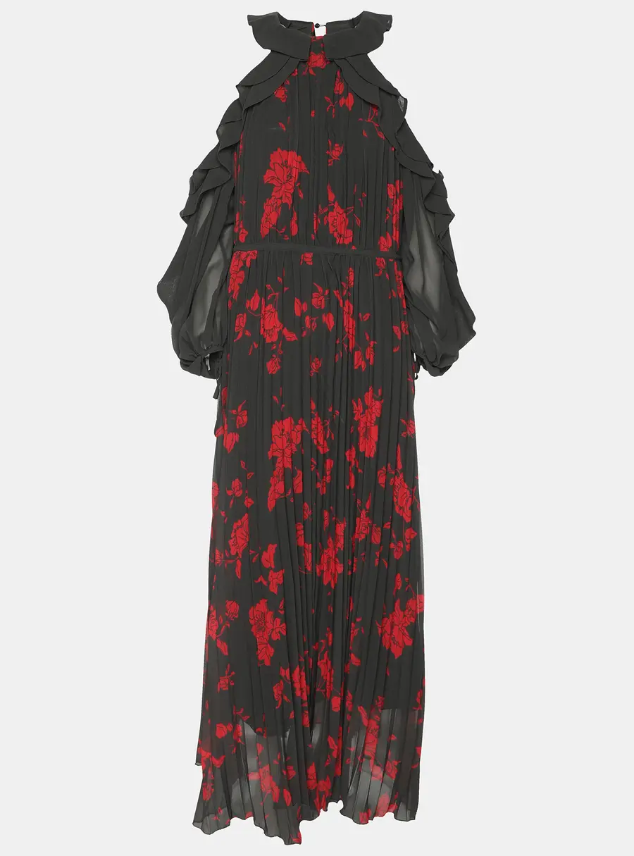 Self-Portrait Red/Khaki Rose Print Polyester Maxi Dress S