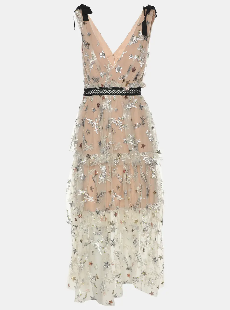 Self-Portrait Beige Mesh Star Midi Dress S