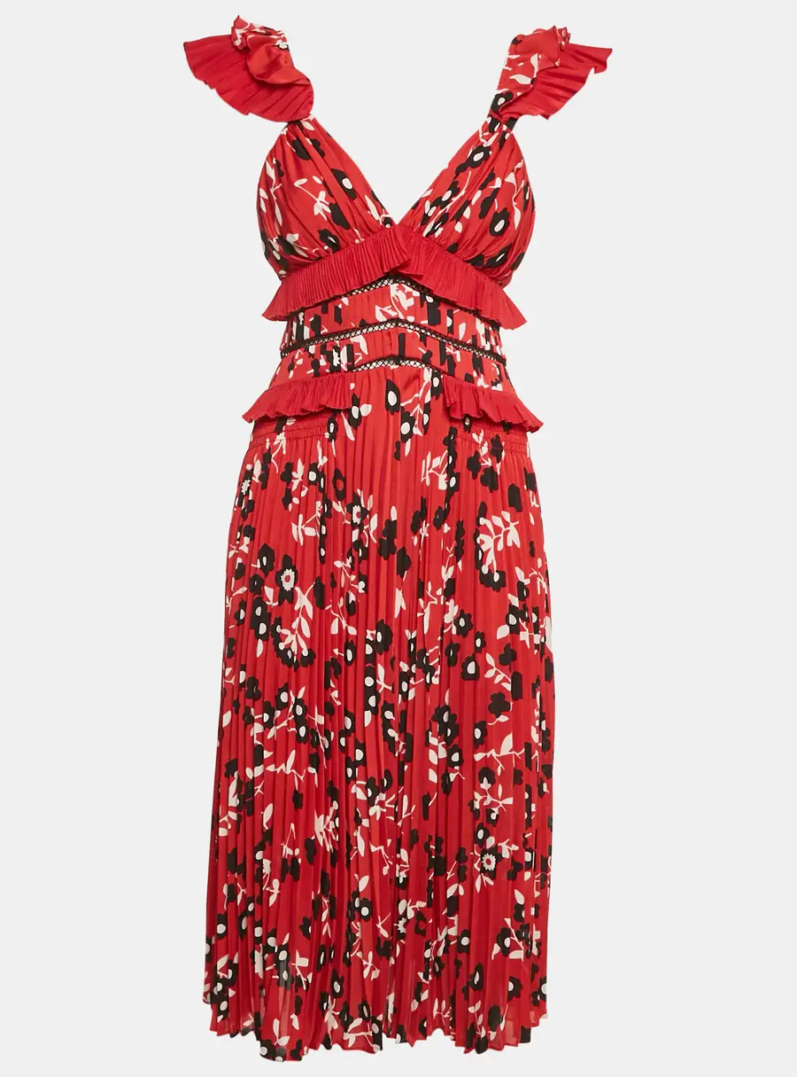 Self-Portrait Red Floral Print Plisse Ruffled Midi Dress S