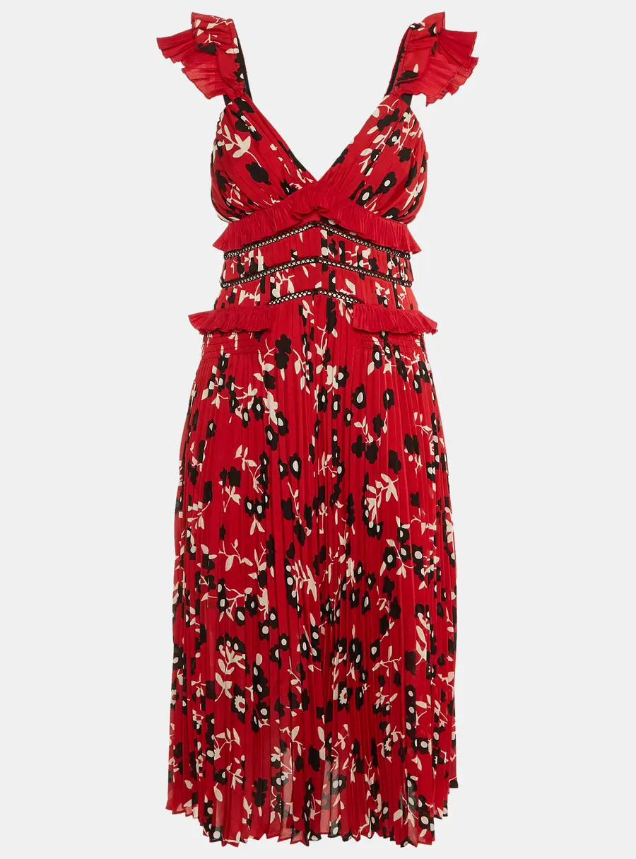 Self-Portrait Red Floral Print Crepe Ruffled Midi Dress S