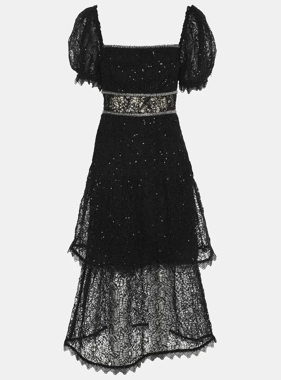 Self Portrait Black Sequin Circle Lace Midi Dress M