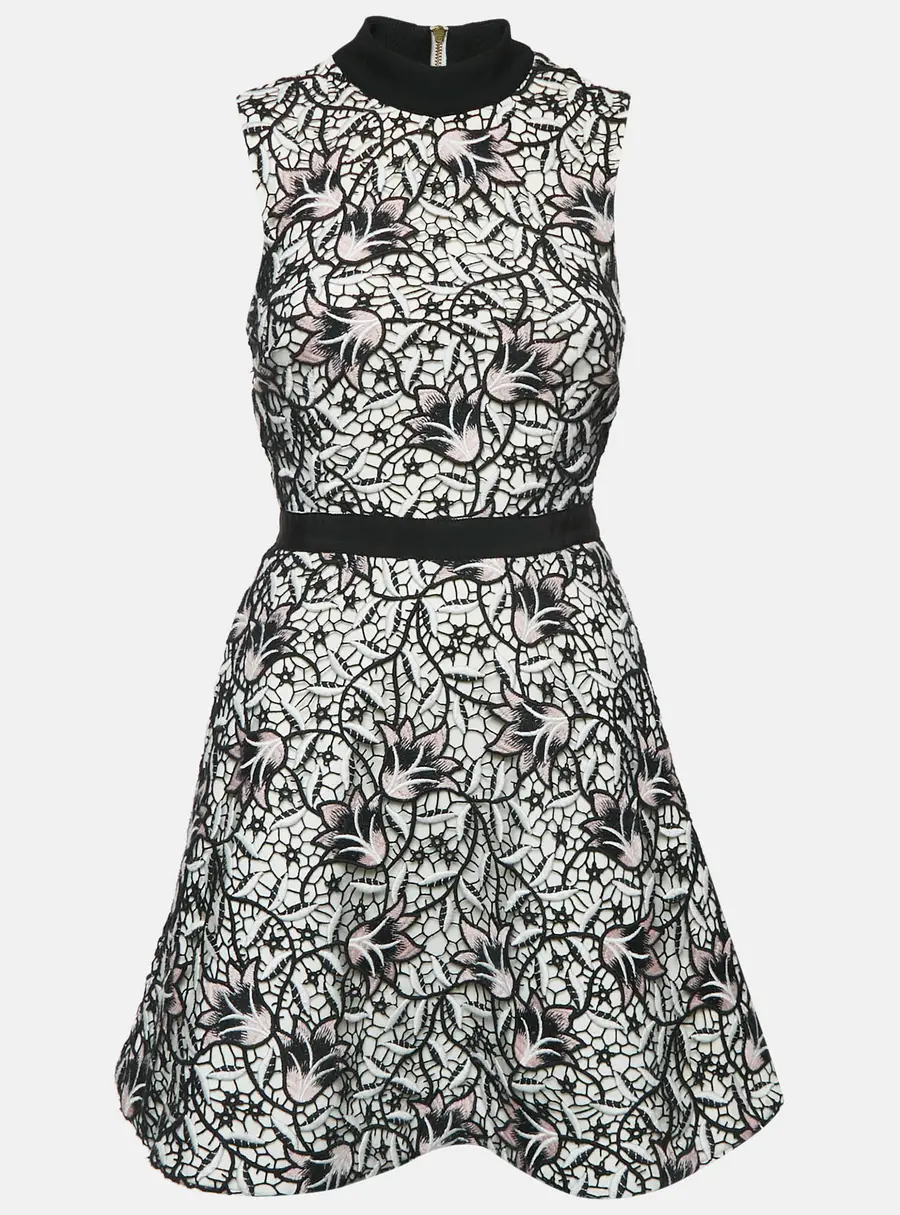 Self-Portrait White/Black Floral Lace Mini Dress S