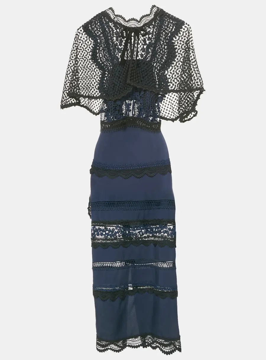 Self-Portrait Navy Blue Bellis Lace & Crepe Cape Sleeved Maxi Dress S