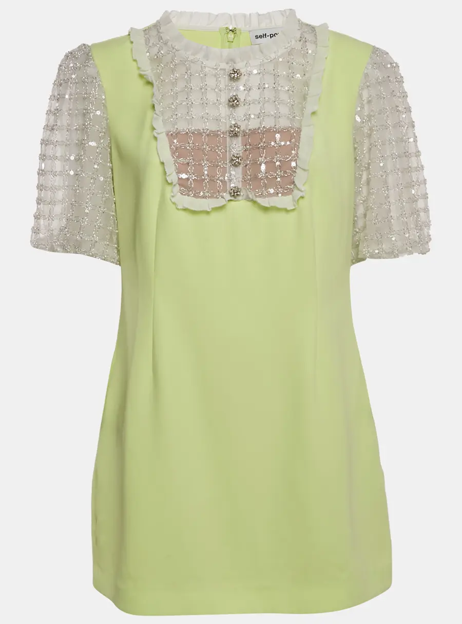 Self-Portrait Lime Green Embellished Tulle Crepe Mini Dress L