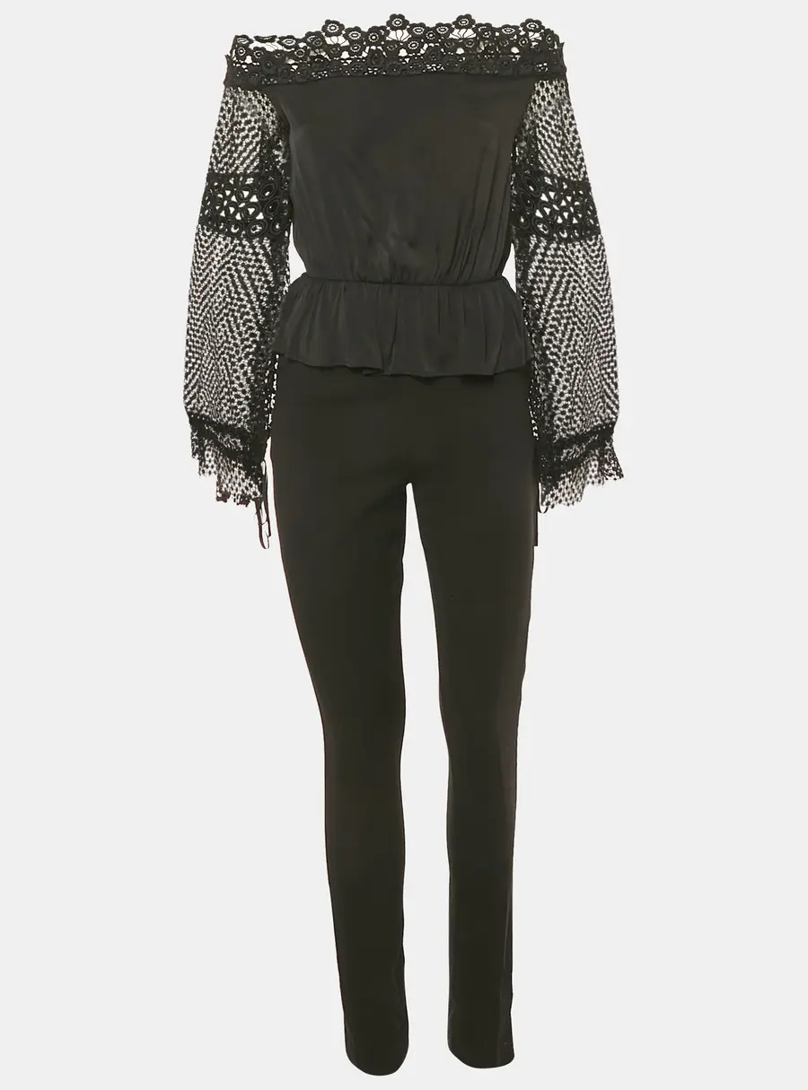 Self-Portrait Black Lace Trim Crepe Jumpsuit S