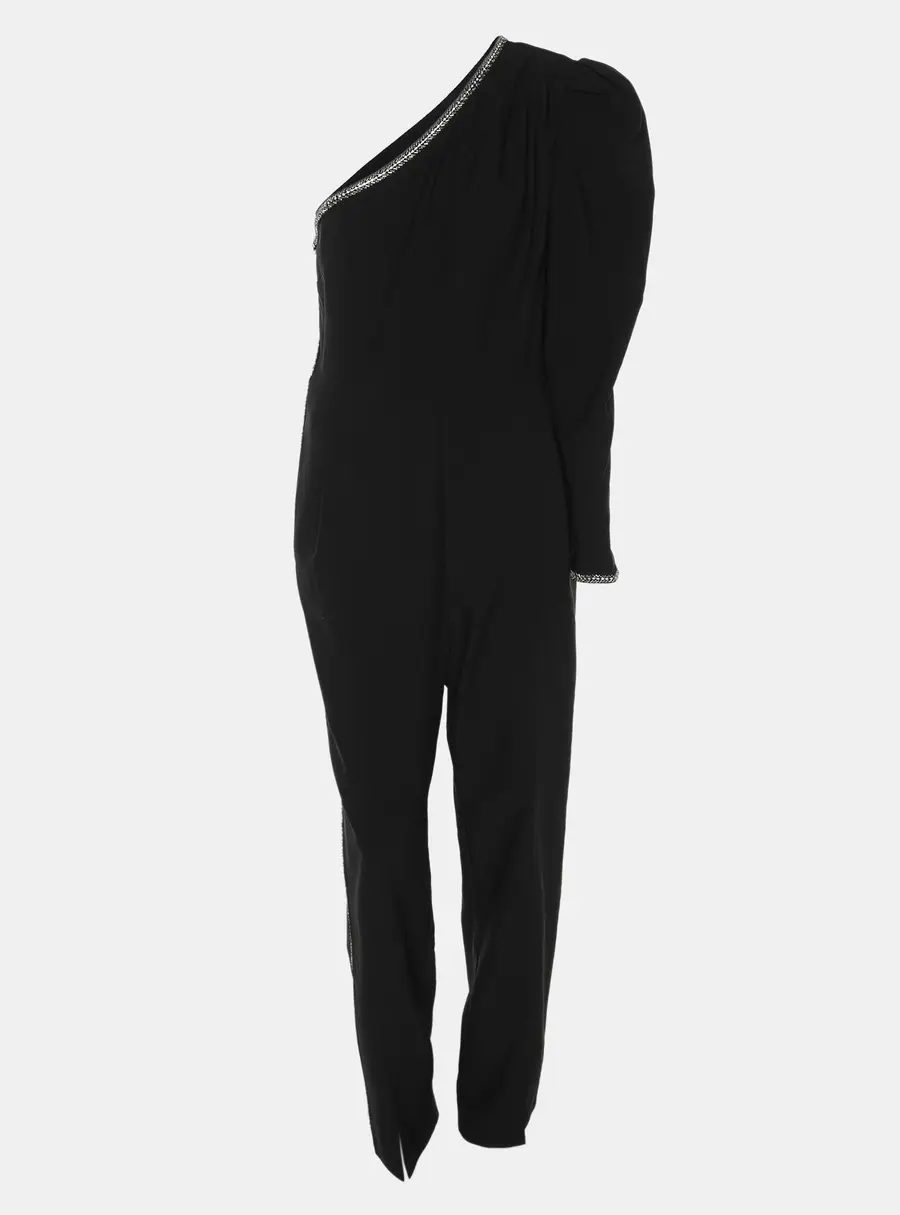 Self-Portrait Black Stretch Crepe Crystal Embellished One Shoulder Jumpsuit M