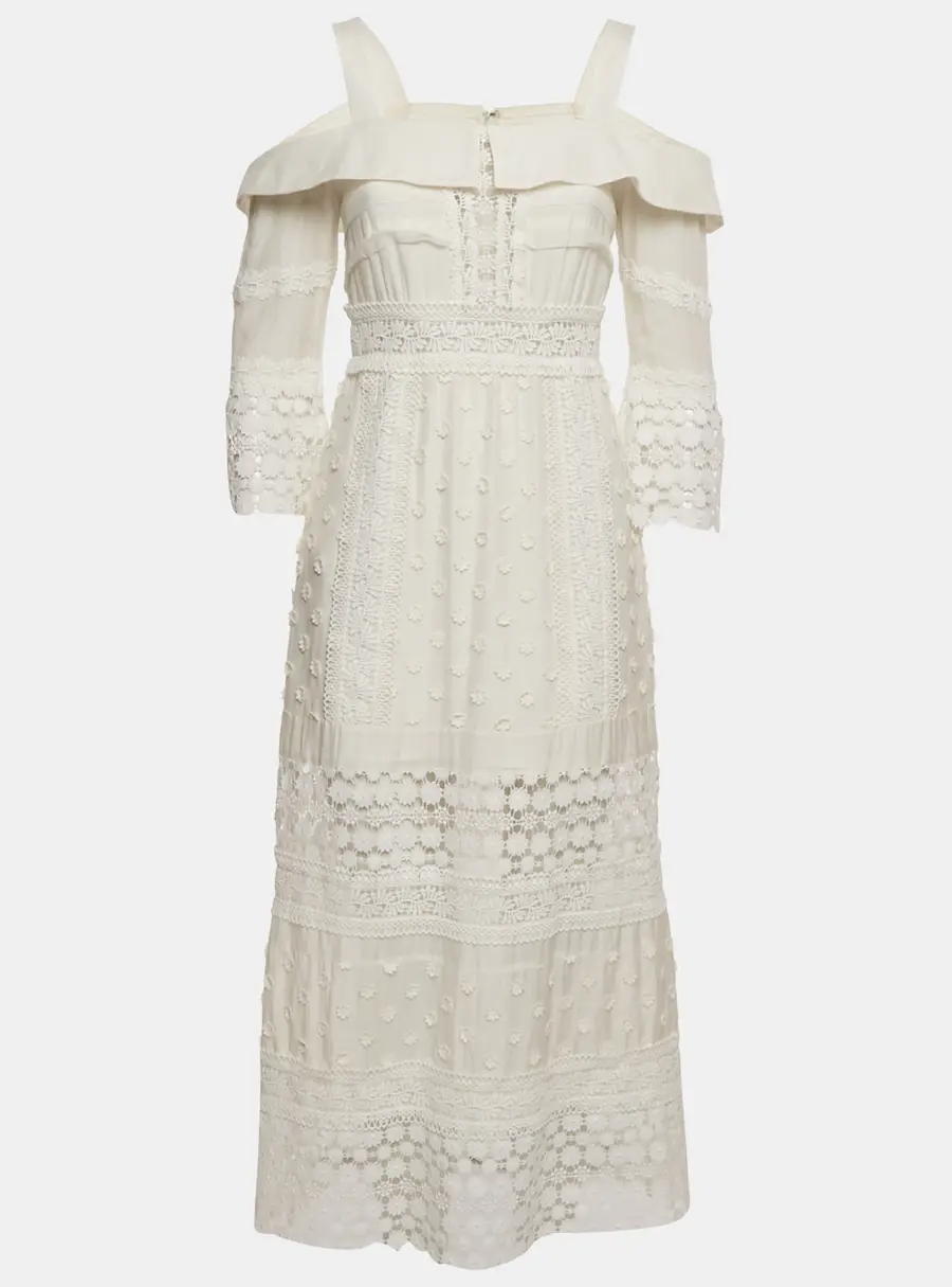 Self-Portrait White Lace Insert Cotton Midi Dress Dress M