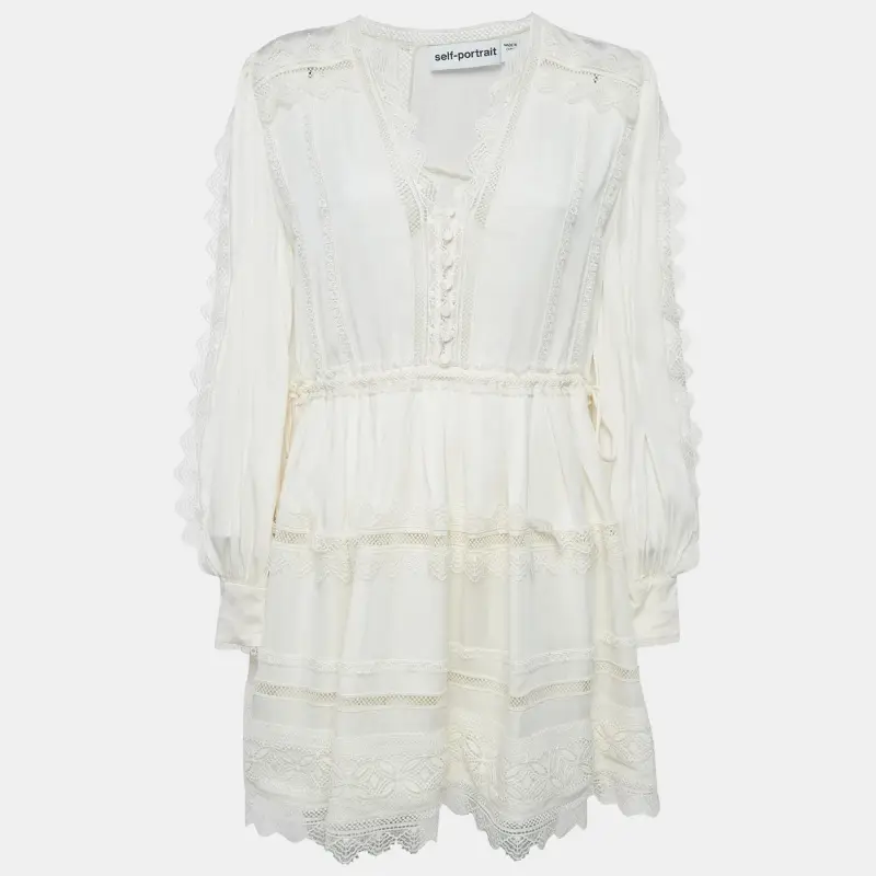Self-Portrait Cream Crepe Lace Trimmed Mini Dress M