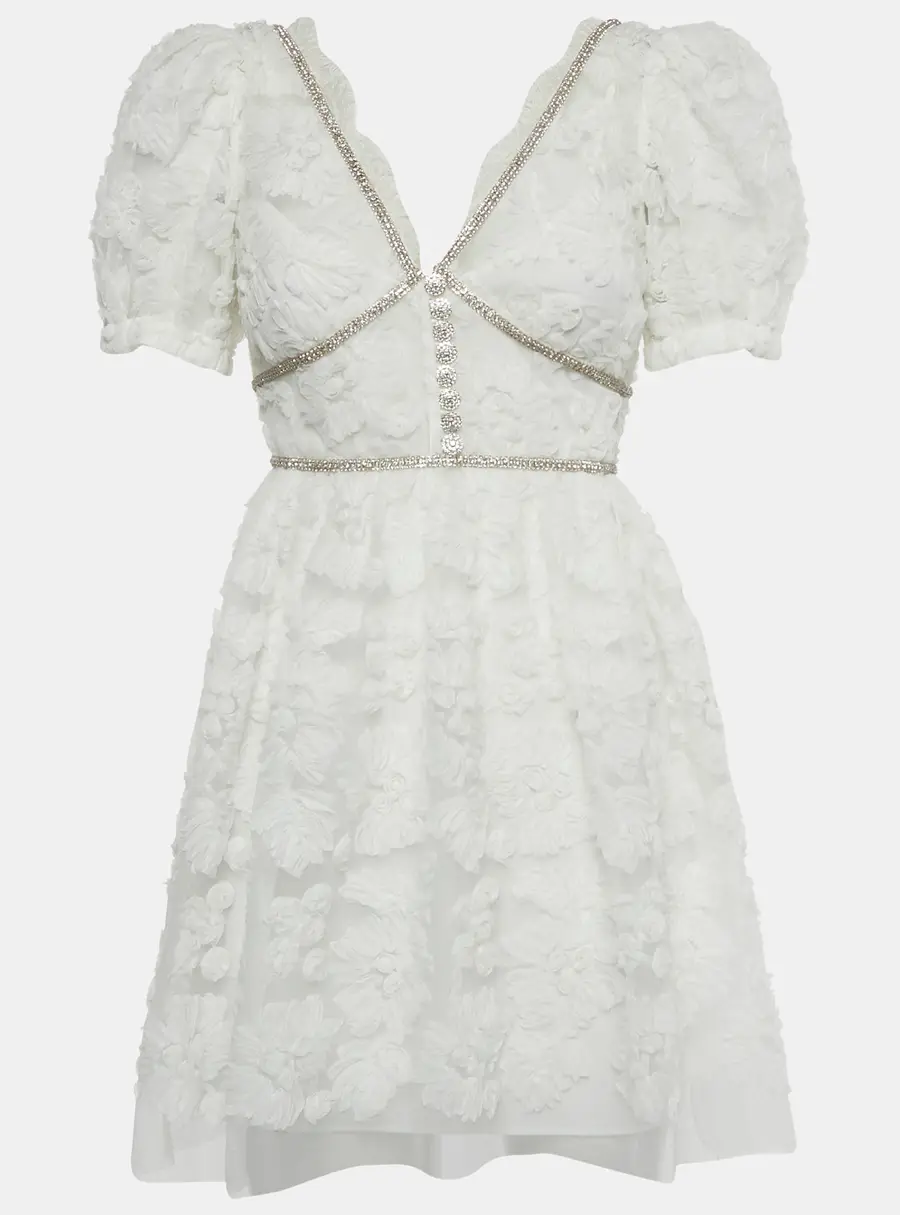 Self-Portrait White Crystal Embellished Ribbon Lace Mini Dress XS