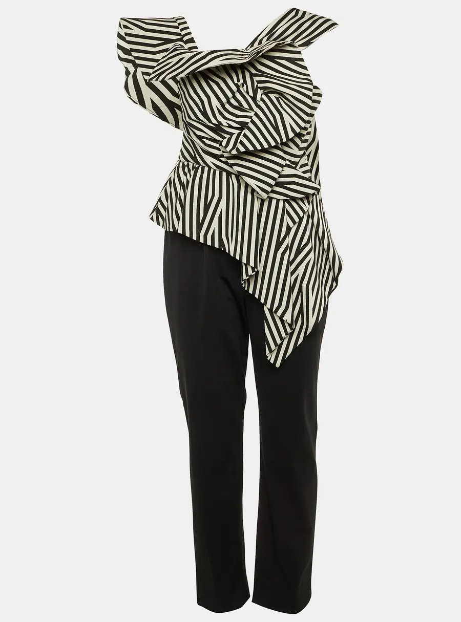 Self-Portrait Black/White Crepe Asymmetrical Striped Ruffle Jumpsuit M