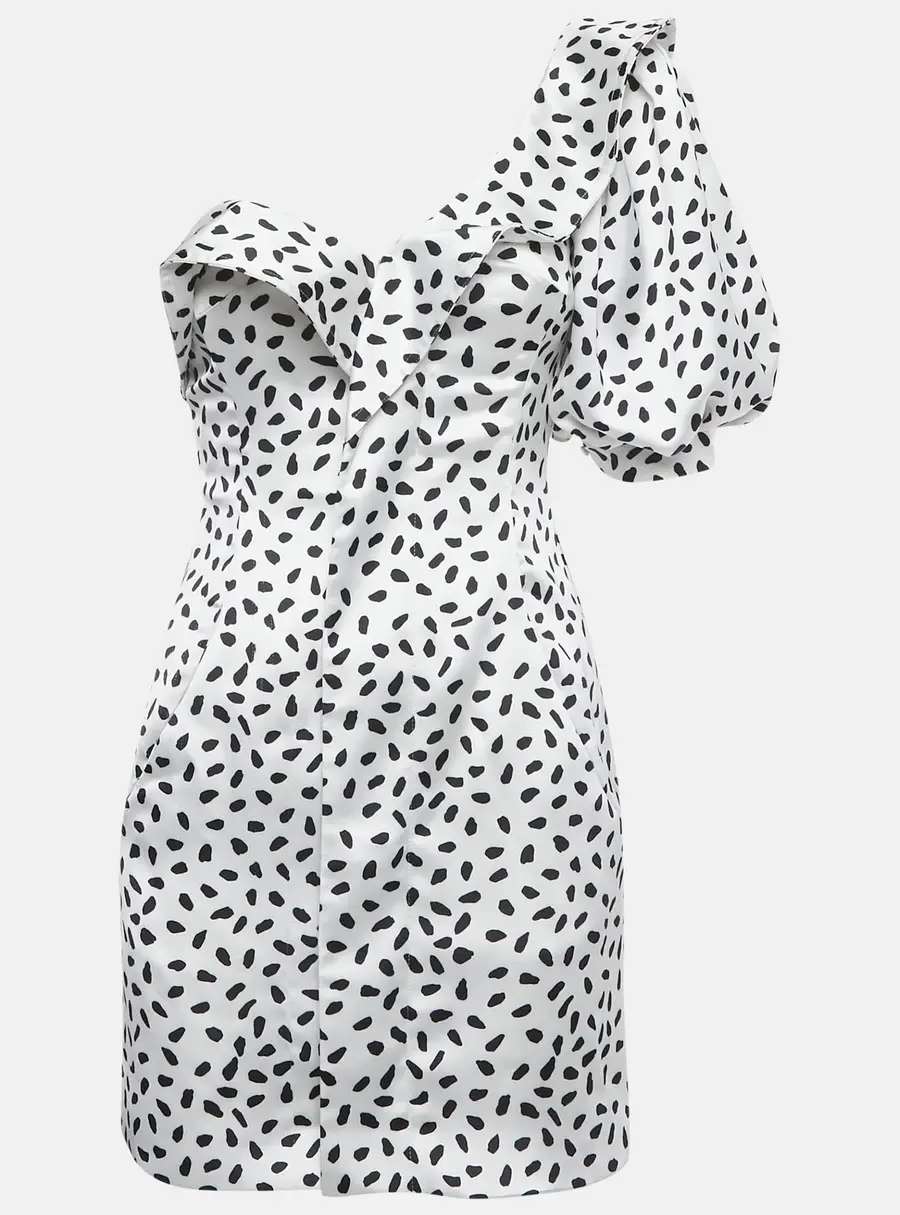 Self-Portrait White Dotted Satin One Shoulder Mini Dress S