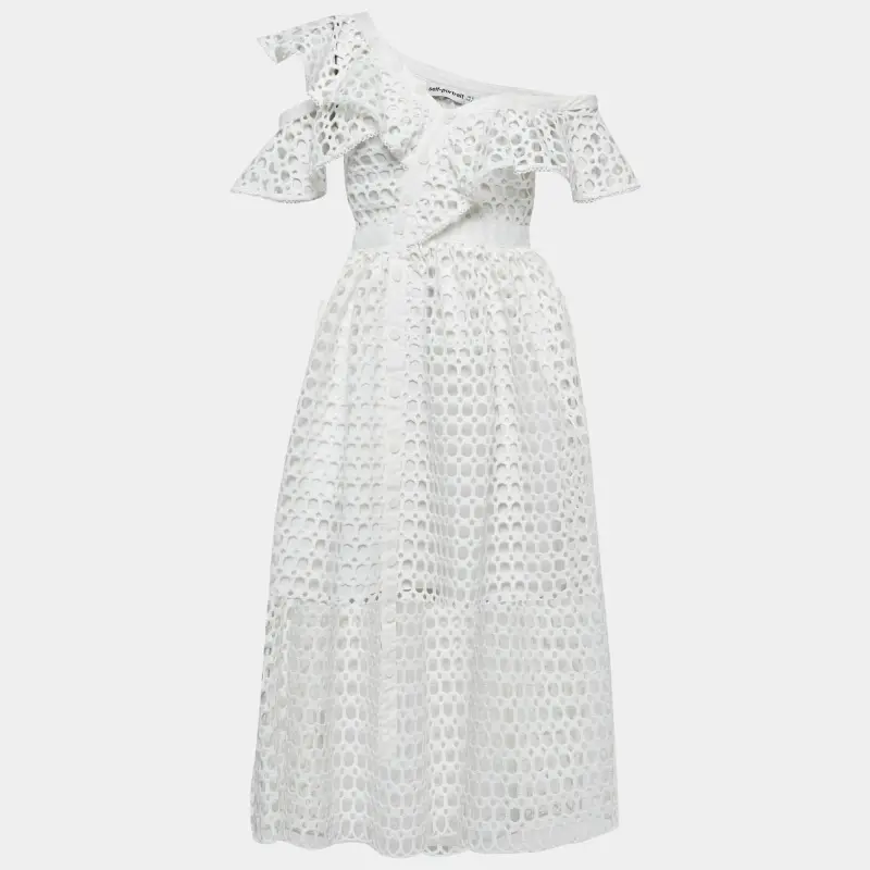 Self-Portrait White Guipure Lace One Shoulder Midi Dress S