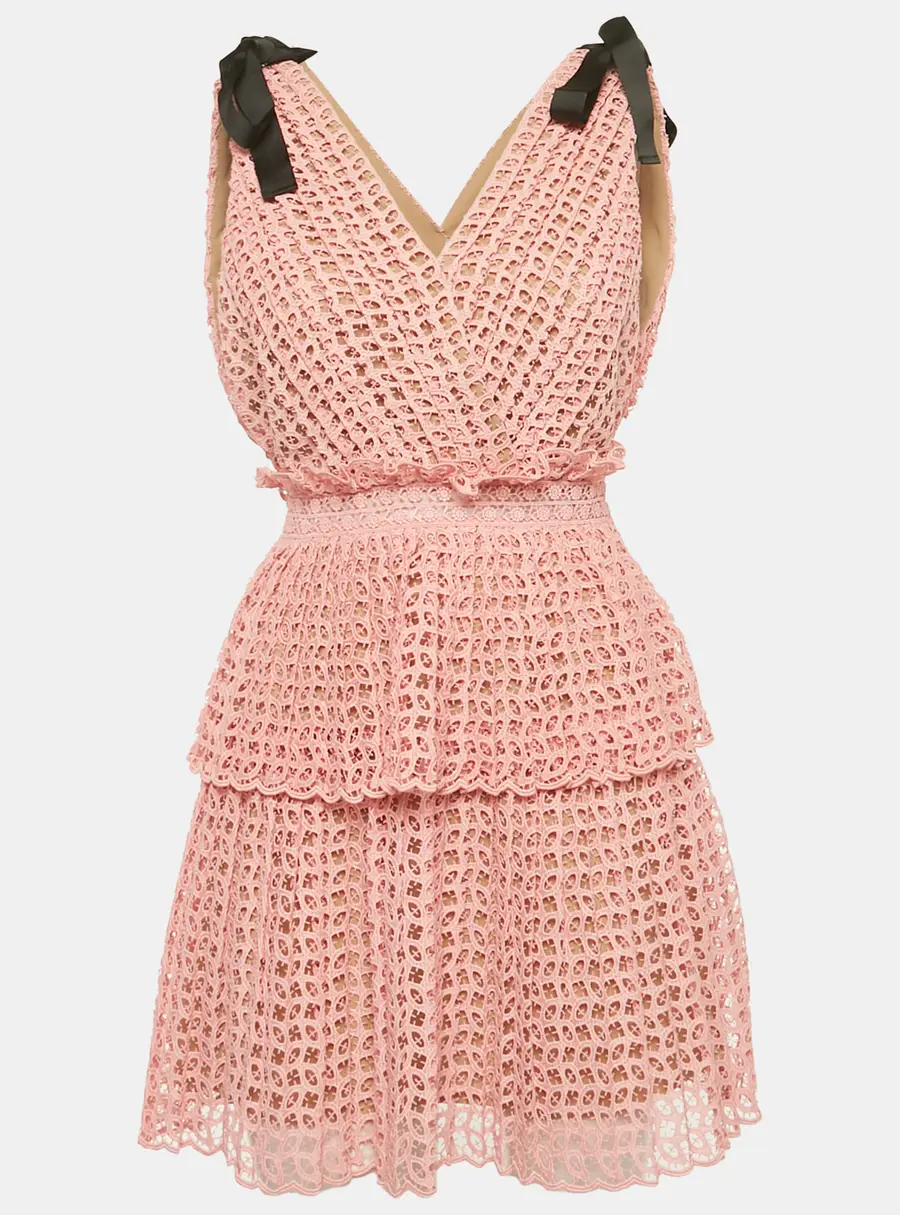 Self-Portrait Light Orange Guipure Lace Bow-Detail Tiered Dress S