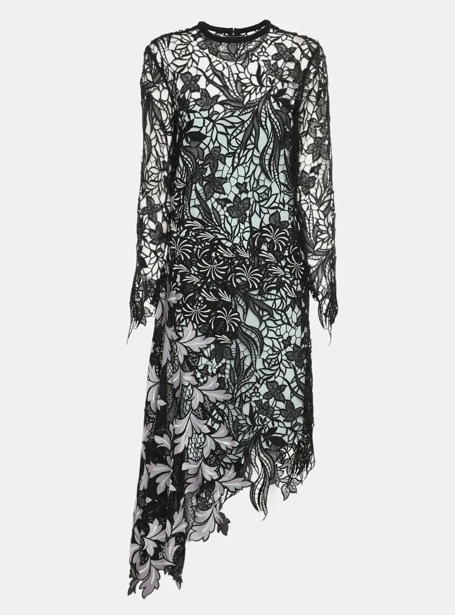 Self-Portrait Black Asymmetric Hem Vine Lace Midi Dress M