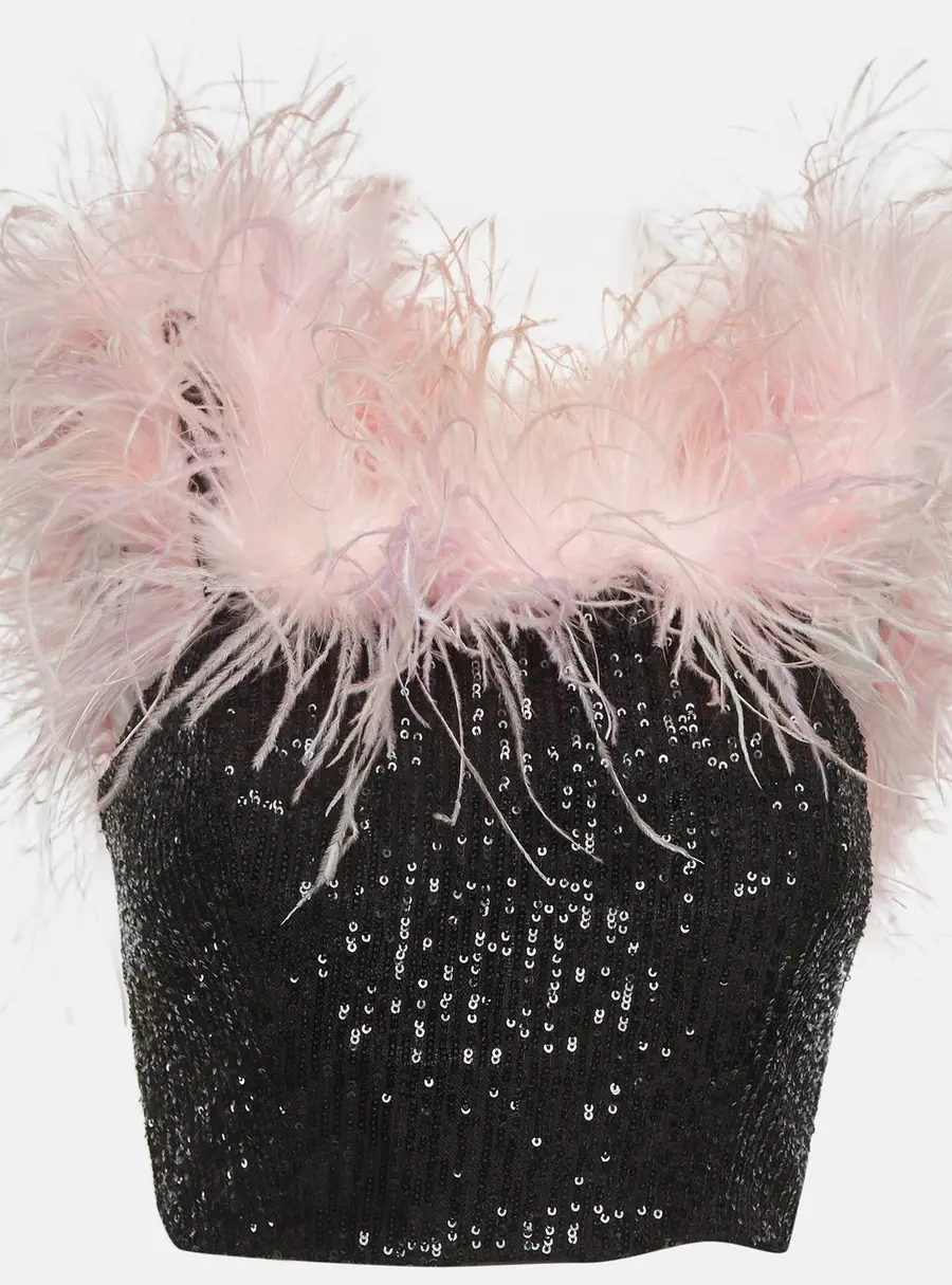 Self-Portrait Black Sequin Feather Off shoulder Crop Top S