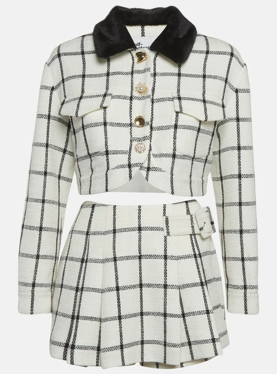 Self-Portrait Off-White Check Tweed Fur Boxy Jacket and Skorts Suit S