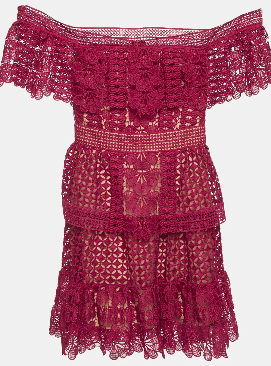Self-Portrait Burgundy Guipure Lace Off Shoulder Mini Dress S