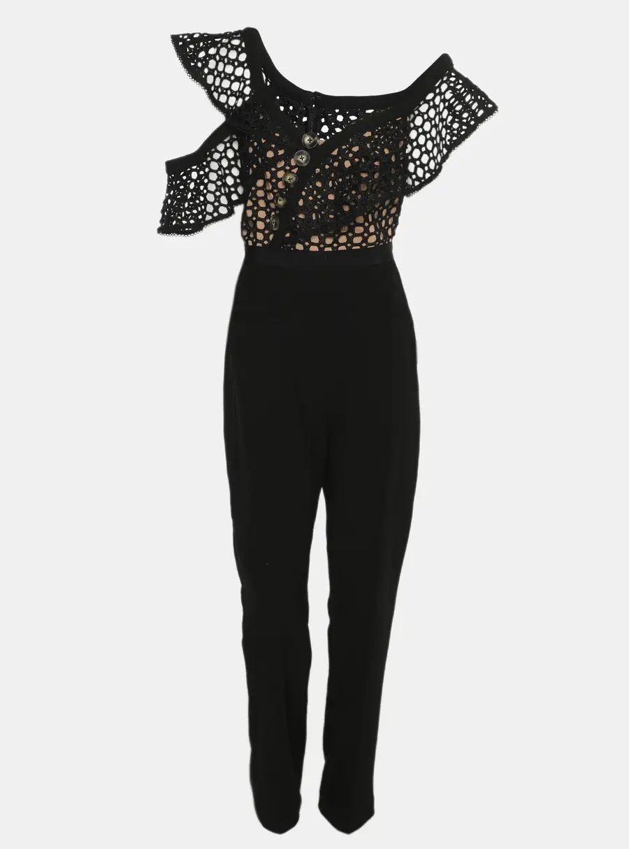 Self-Portrait Black Crepe and Lace Frill Asymmetric Jumpsuit L