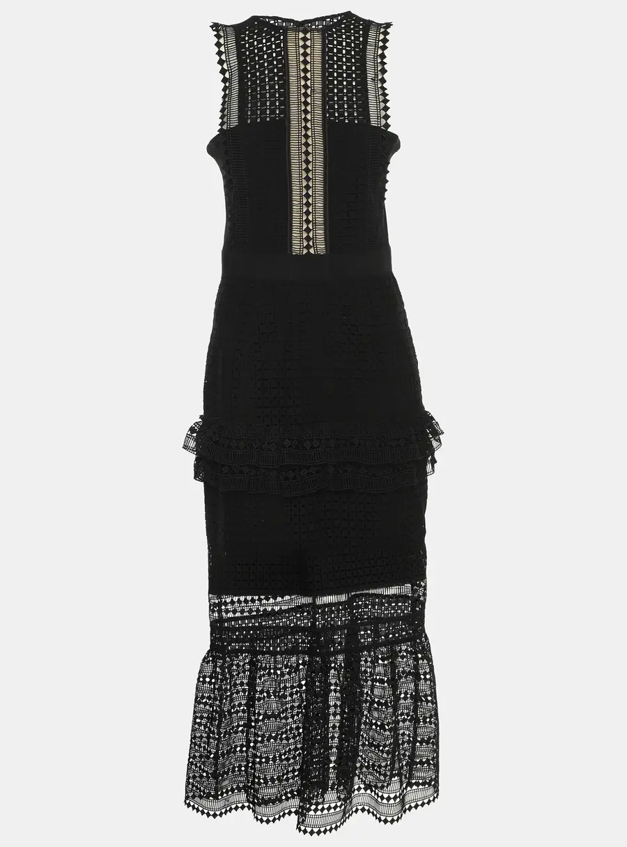 Self-Portrait Black Guipure Lace Tiered Midi Dress S