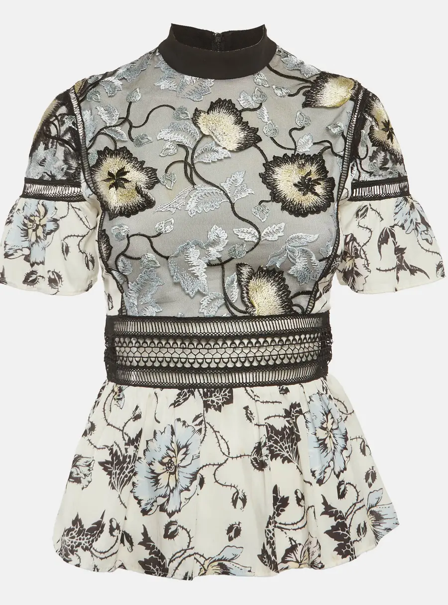 Self-Portrait Multicolor Crepe Floral Embroidered Ruffle Top S