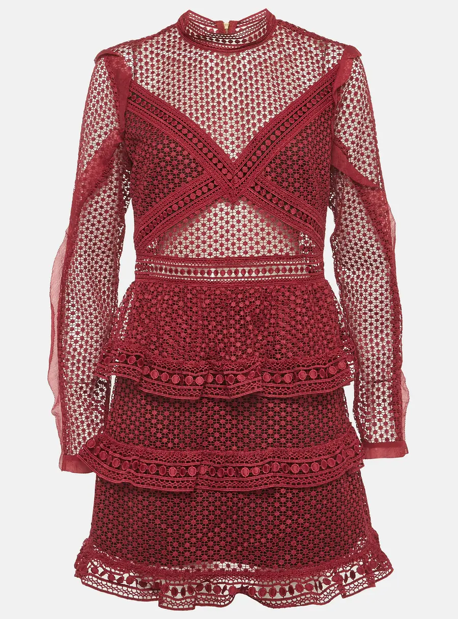 Self-Portrait Burgundy Guipure Lace Tiered Mini Dress L