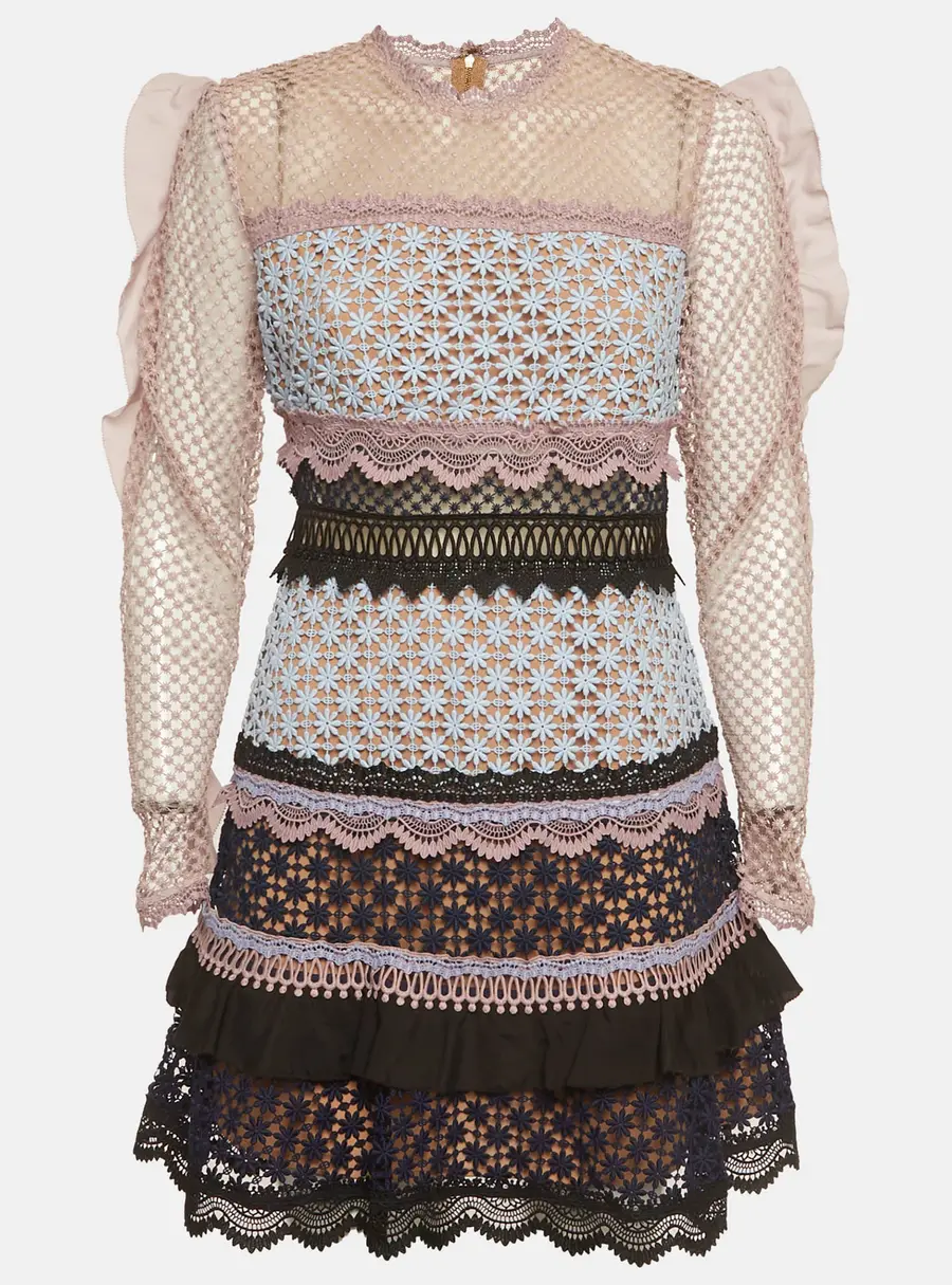 Self-Portrait Multicolor Guipure Lace Ruffled Bellis Dress M