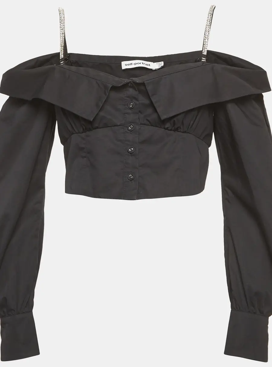 Self-Portrait Black Cotton Embellished Off Shoulder Crop Top M