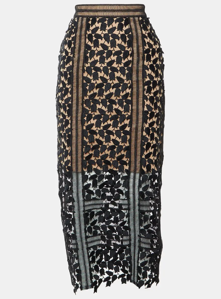 Self-Portrait Black/Beige Arabella Guipure Lace Midi Skirt S
