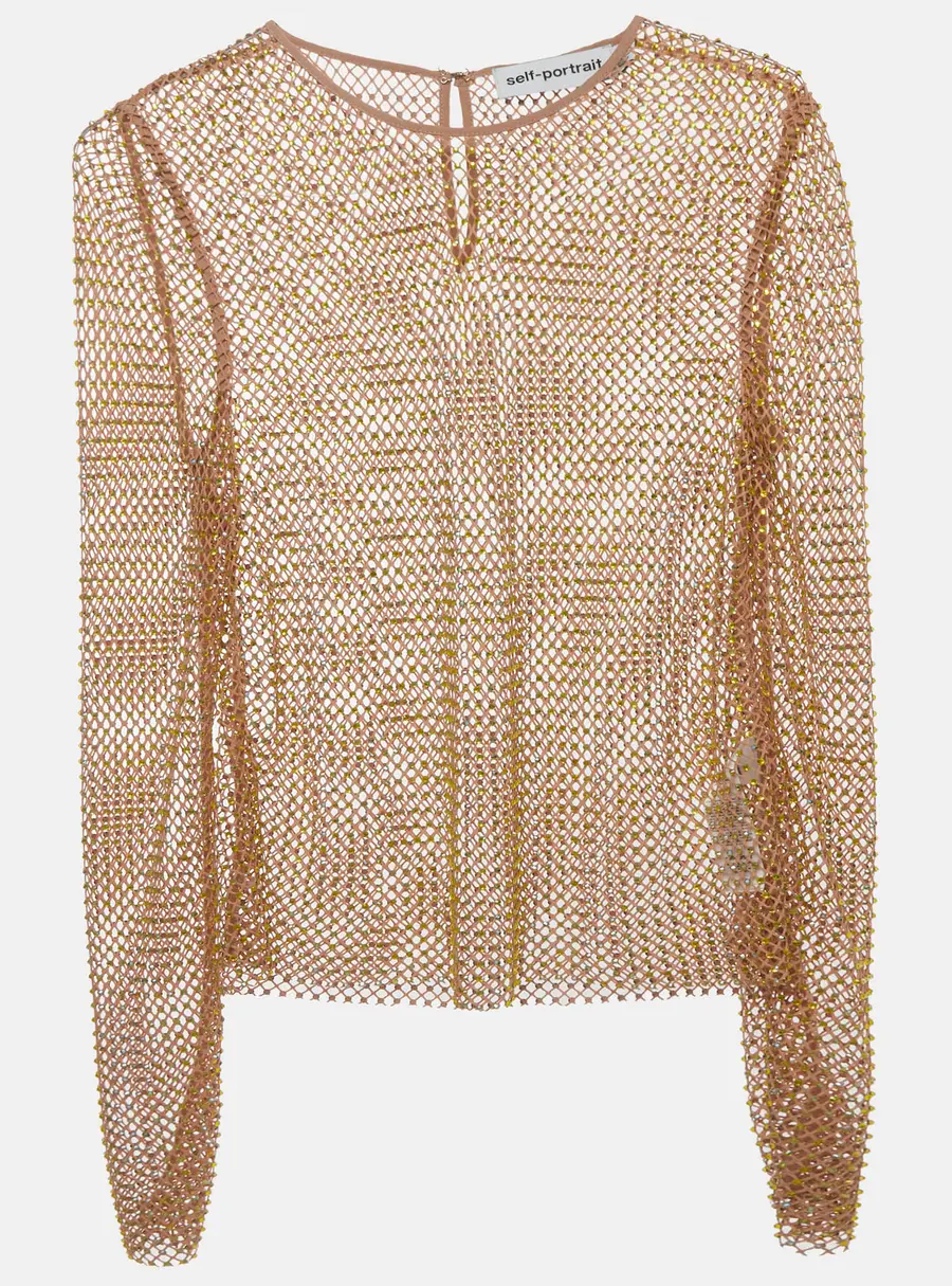 Self-Portrait Tan Rhinestone Detail Hotfix Fishnet Top M