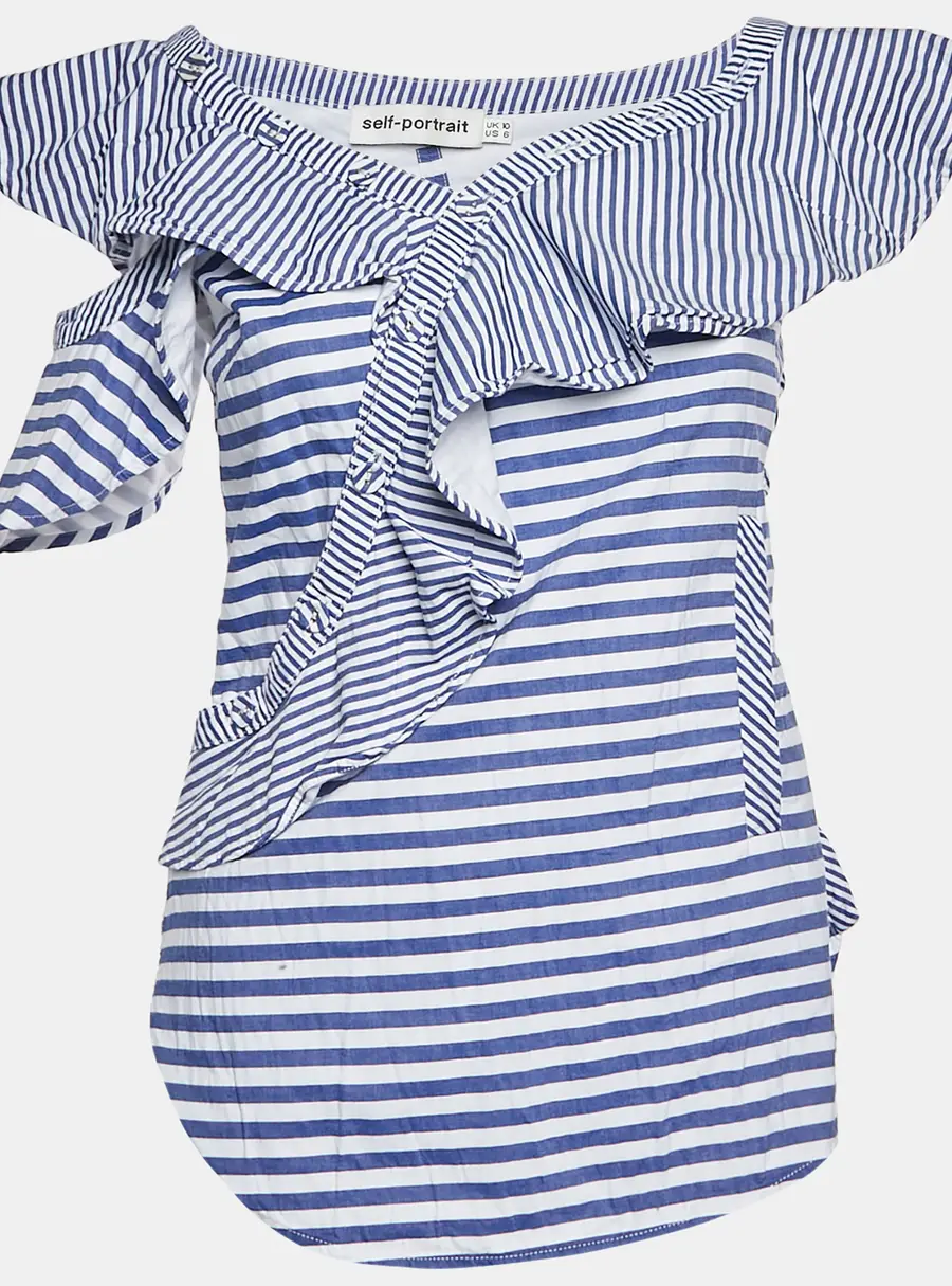 Self-Portrait White/Blue Striped Cotton Frilled Sleeveless Top M