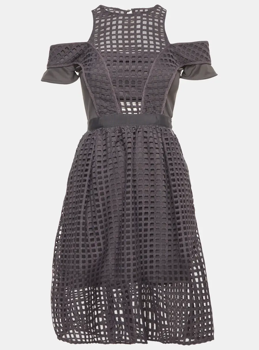 Self-Portrait Grey Grid Lace and Knit Knee Length Dress S