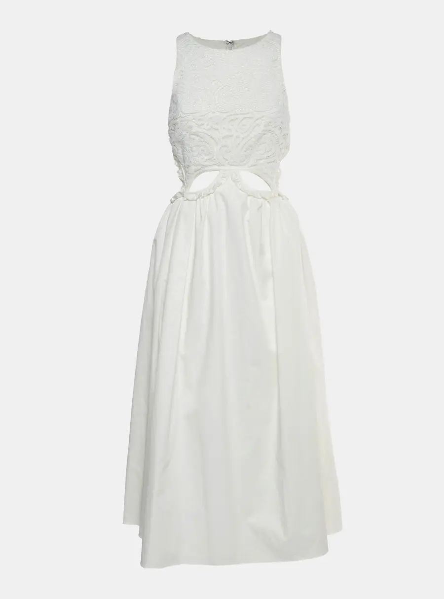 Self-Portrait White Cotton and Guipure Lace Cut Out Midi Dress S