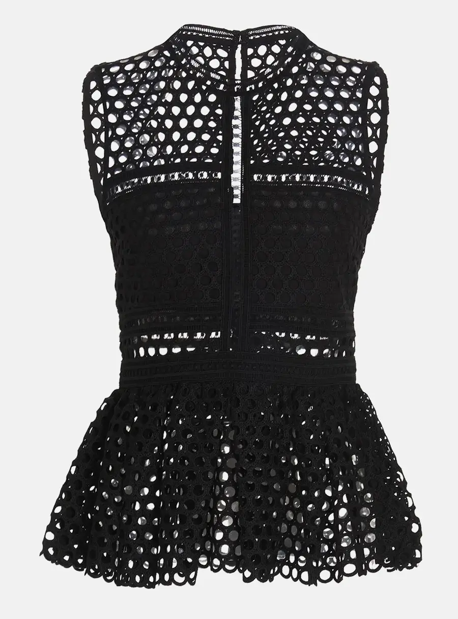 Self-Portrait Black Lace Sheer Guipure Peplum Top L