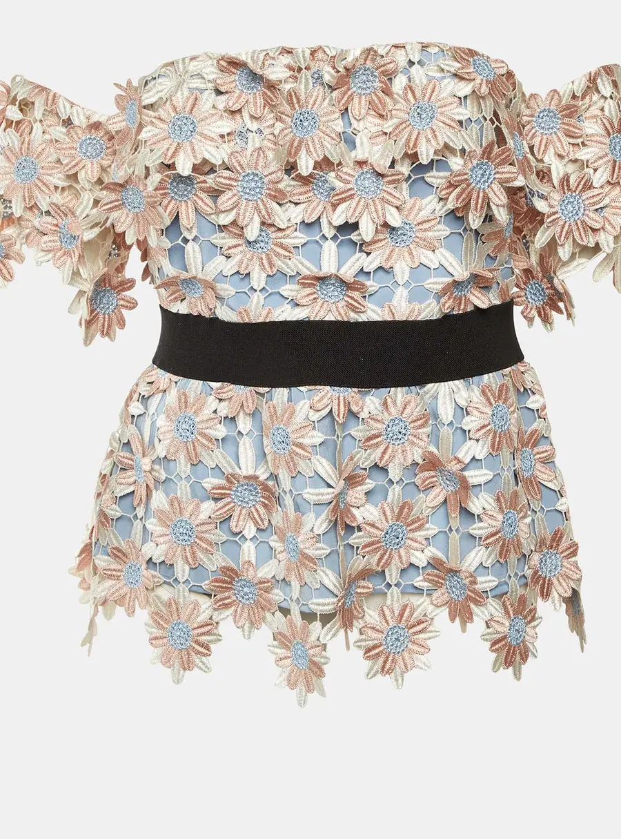 Self-Portrait Peach Floral Applique Lace Off-The-Shoulder Top M